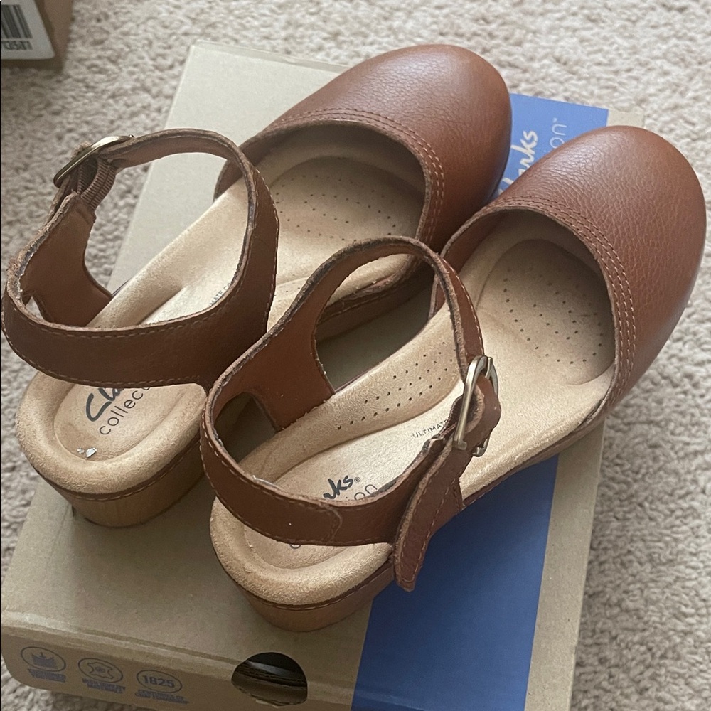 Clarks Brown Leather Mules